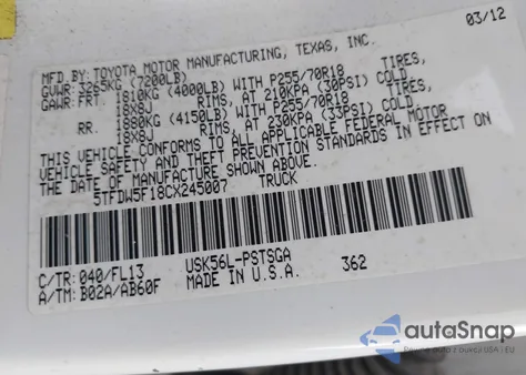 2012 Toyota Tundra from USA, damaged, VIN 5TFDW5F18CX245007